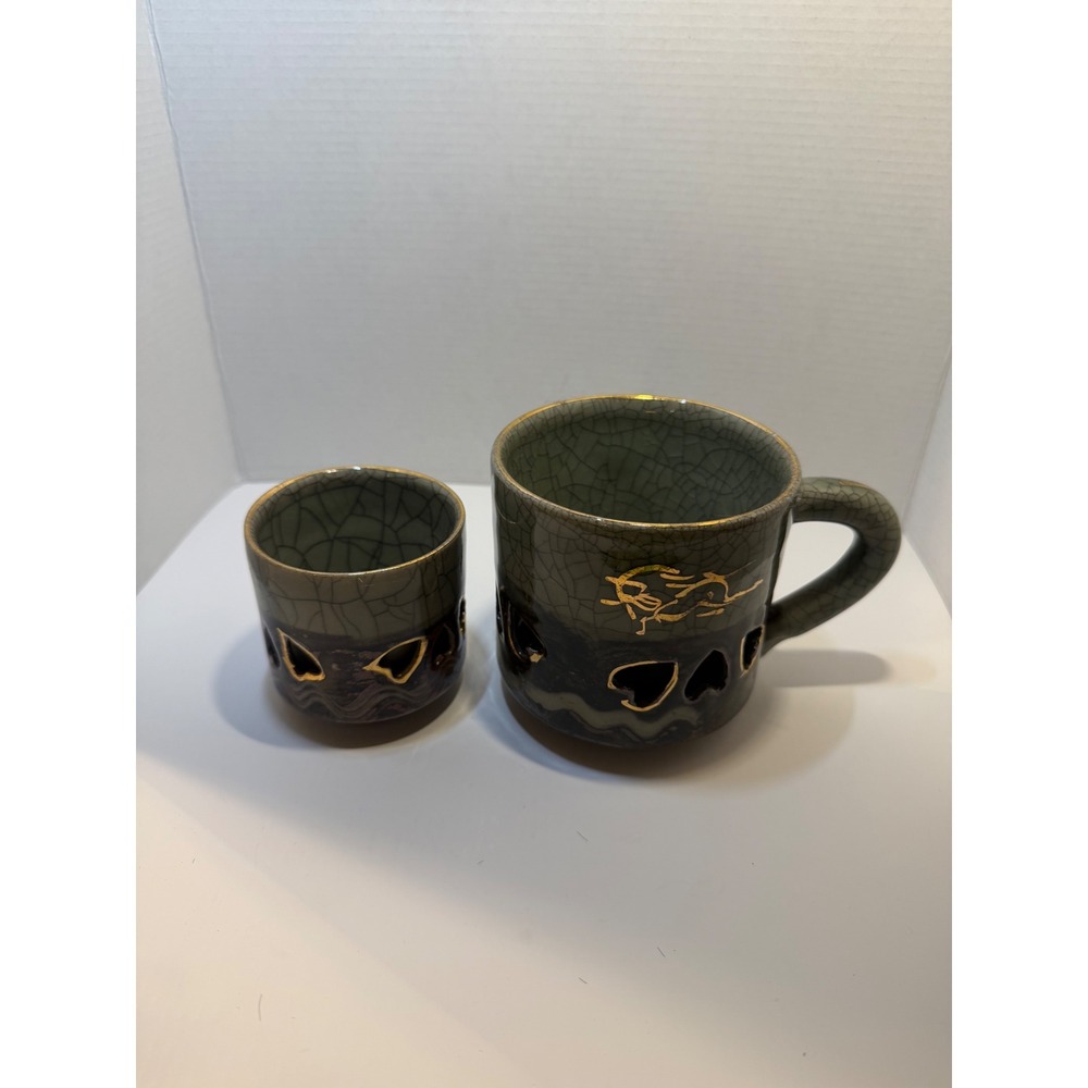 Obori Soma Ware Japanese Tea Set Mug Cup Double Wall Heart Cutout Gold Horse Grn